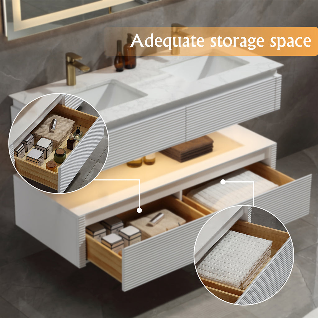 48 Inches White Floating Bathroom Vanity with Double Sinks, Wall Mounted Double Layer