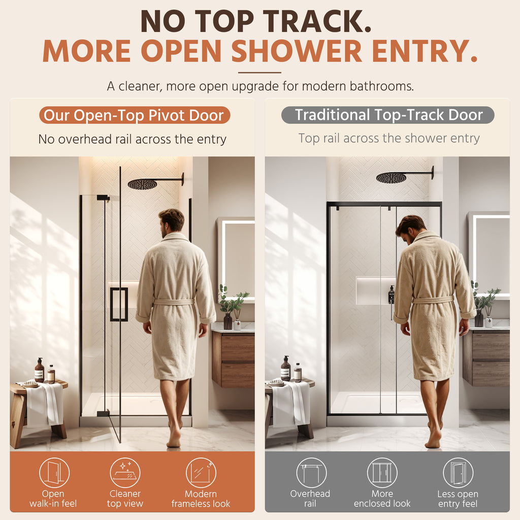 36"Wx70"H Frameless Pivot Shower Door, Matte Black