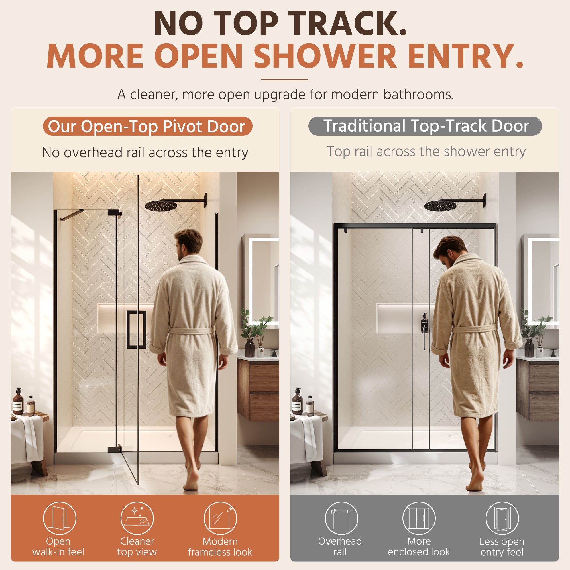 48"Wx70"H Frameless Pivot Shower Door, Matte Black