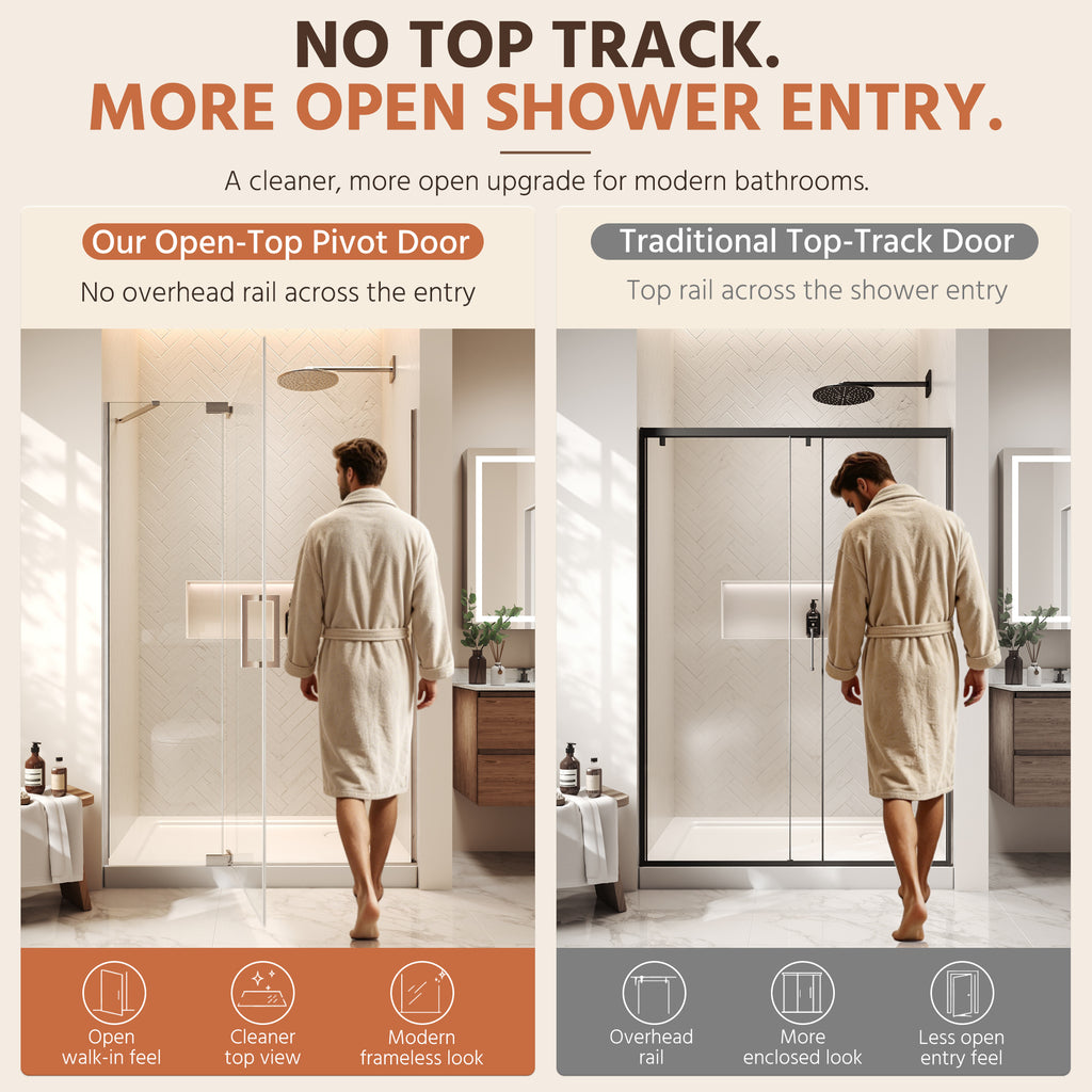 48"Wx70"H Frameless Pivot Shower Door, Brushed Nickel