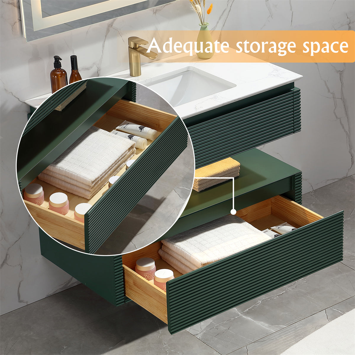 36 Inches Green Floating Bathroom Vanity with One Sink, Wall Mounted Double Layer