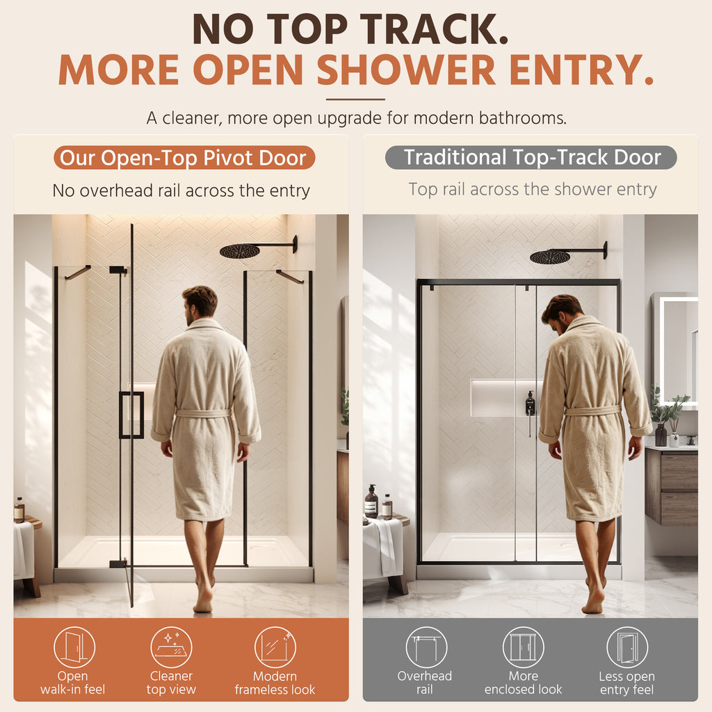 60"Wx70"H Frameless Pivot Shower Door, Matte Black