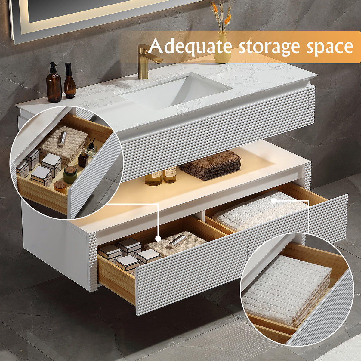 48 Inches White Floating Bathroom Vanity with One Sink, Wall Mounted Double Layer