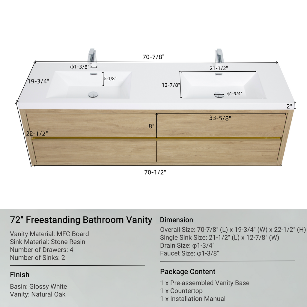 72 Inch Natural Oak Floating Vanity with Double Sinks