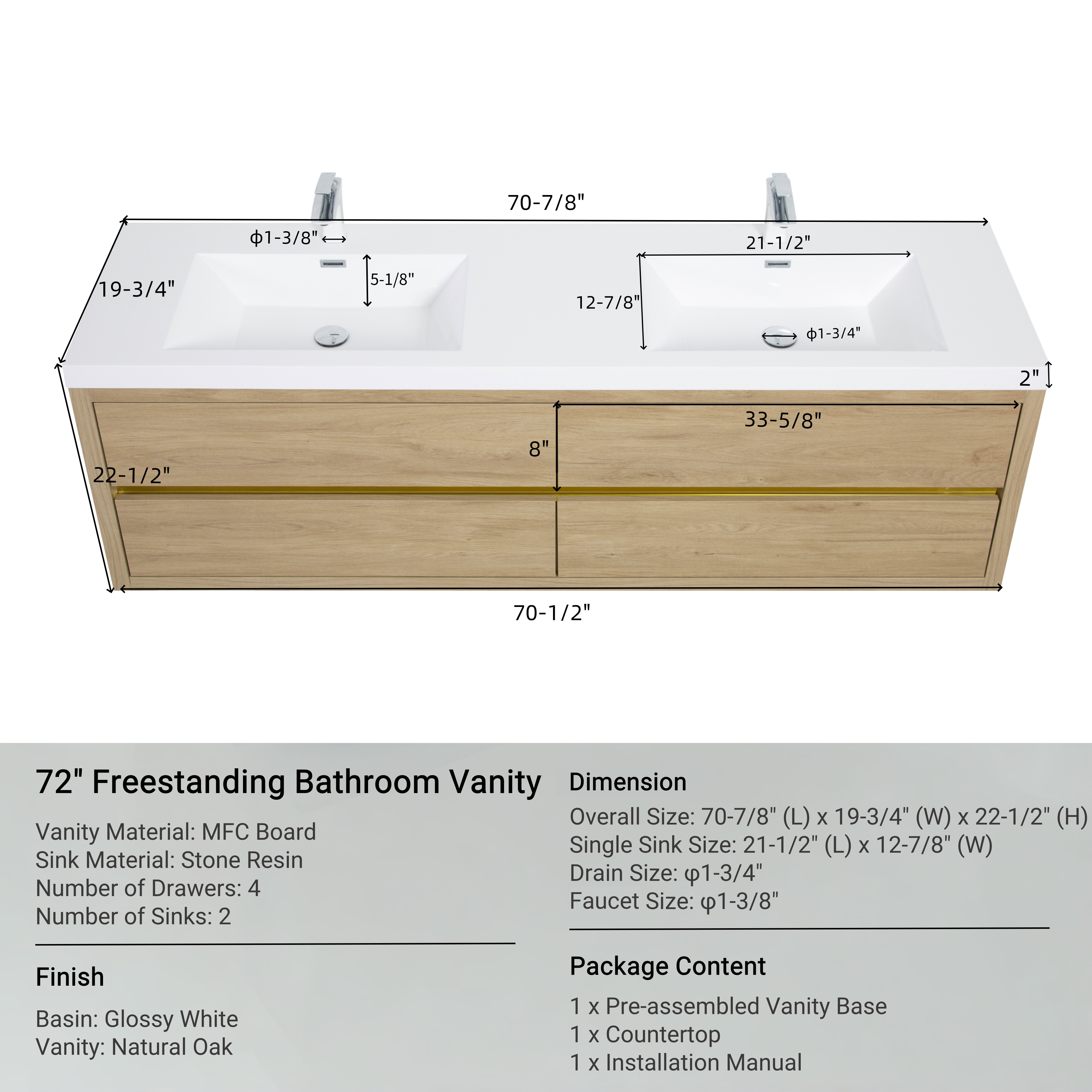 72 Inch Natural Oak Floating Vanity with Double Sinks