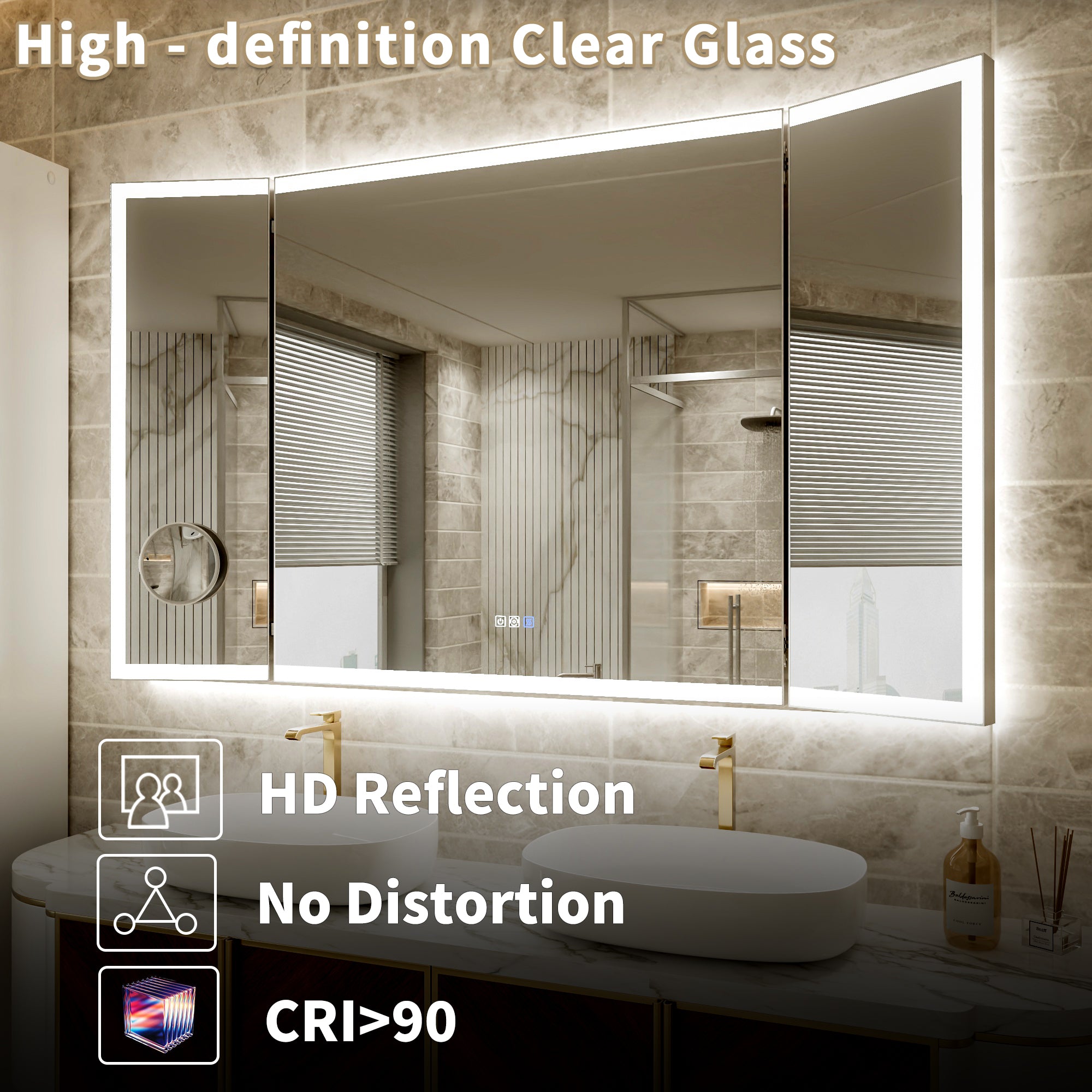 60x36 Lighting Trifold Bathroom Mirror with Magnifier