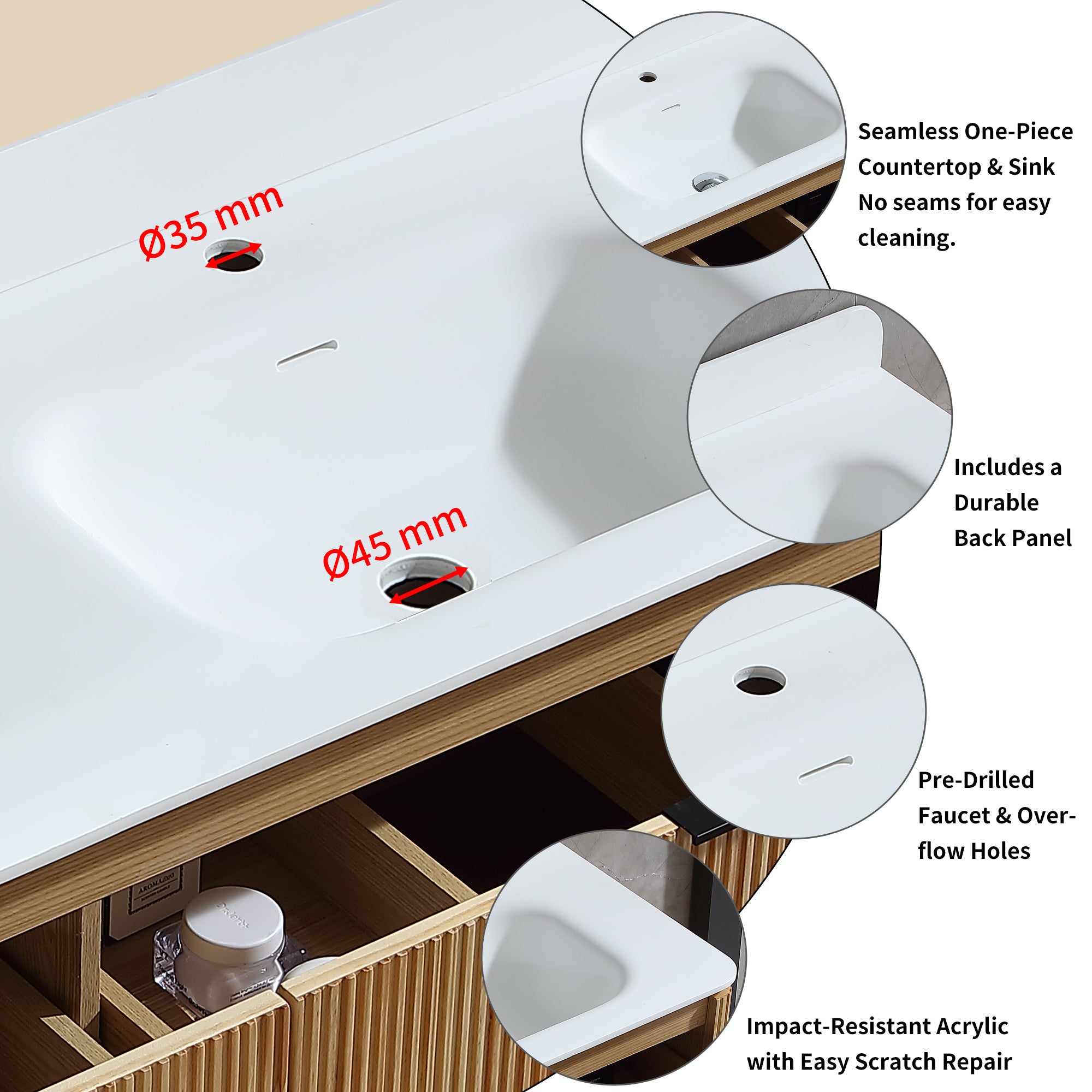 36-Inch Oak Floating Bathroom Vanity with Sink