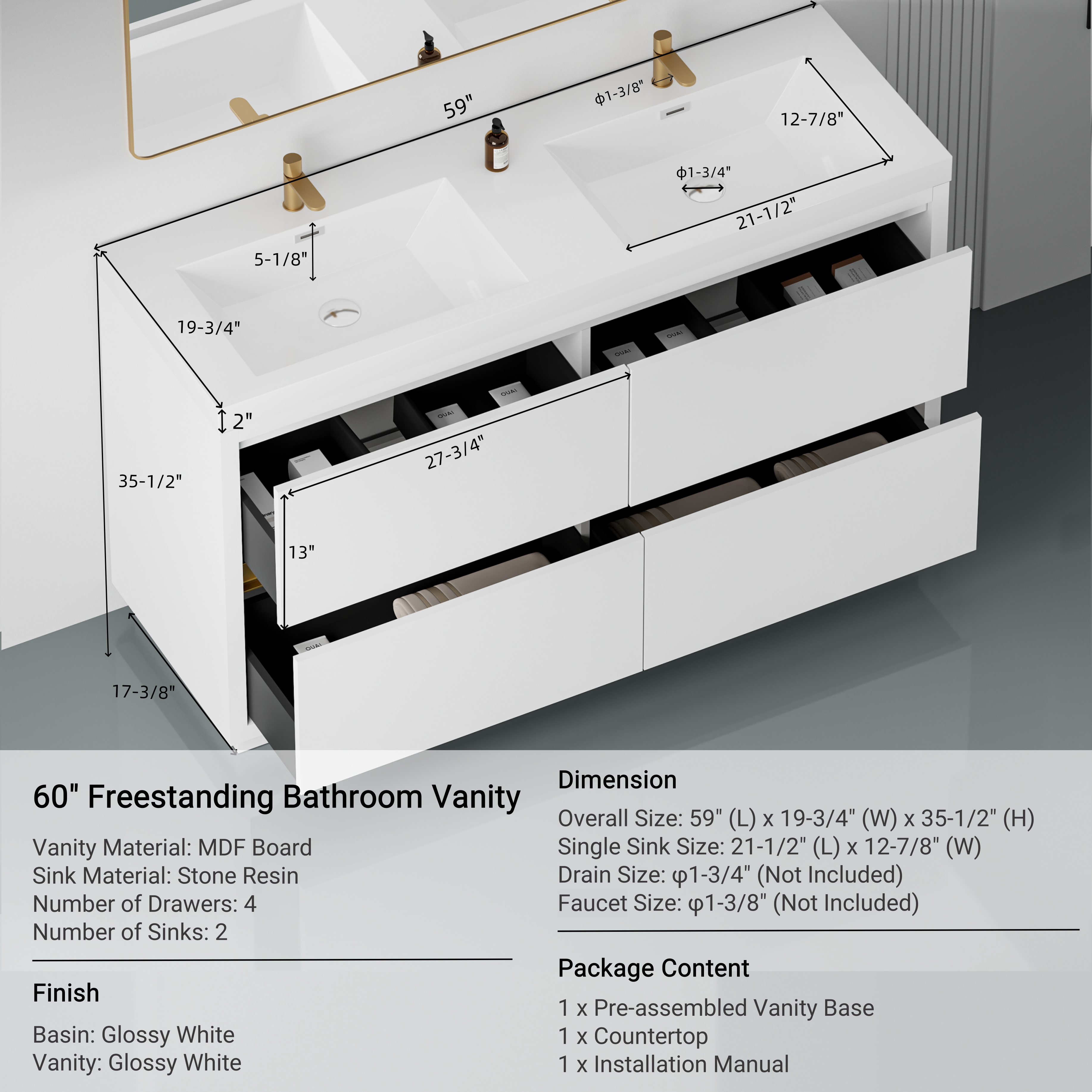 60 Inch Freestanding Vanity with Double Sinks