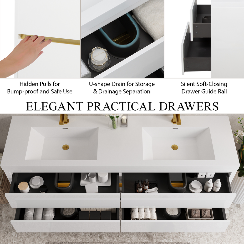 72 Inch White Floating Vanity with Double Sinks