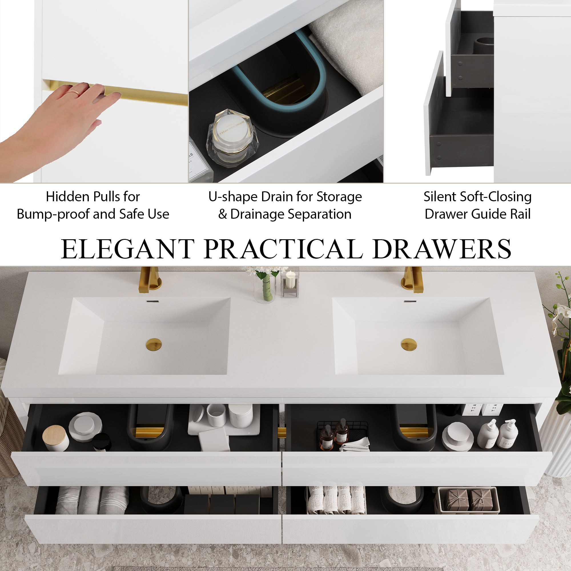 72 Inch White Floating Vanity with Double Sinks