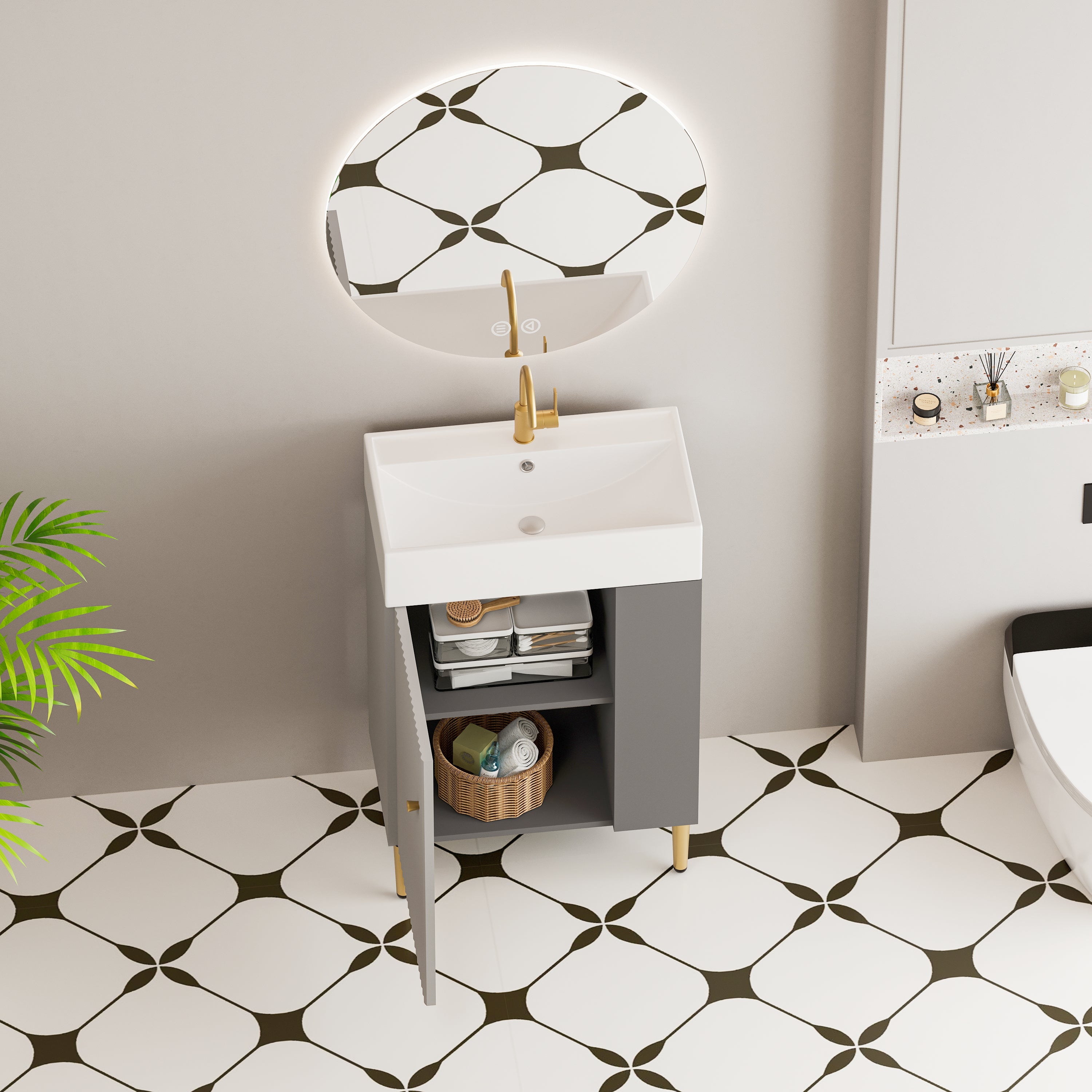21.6" Gray Small Freestanding Vanity with Sink-Left Handed Open