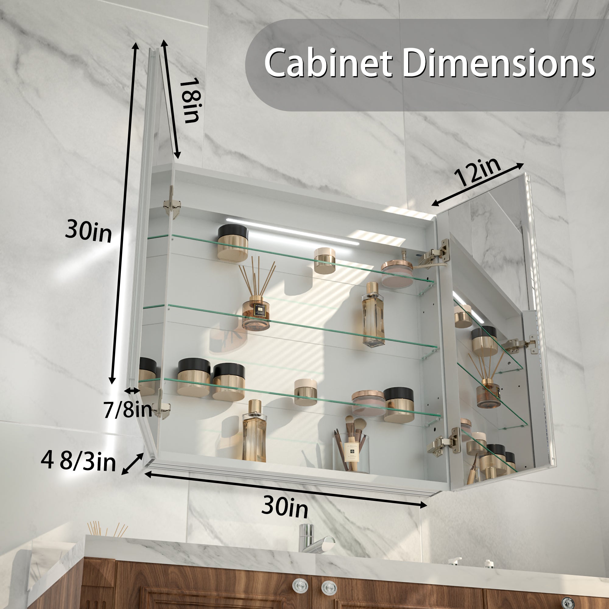 30x30 LED Medicine Mirror Cabinet with Mirror