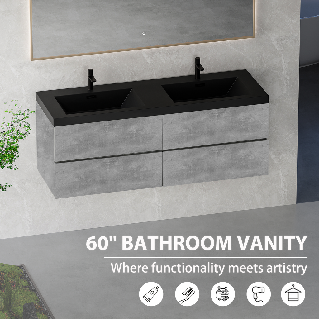60 Inch Cement Grey Floating Vanity with Double Sinks