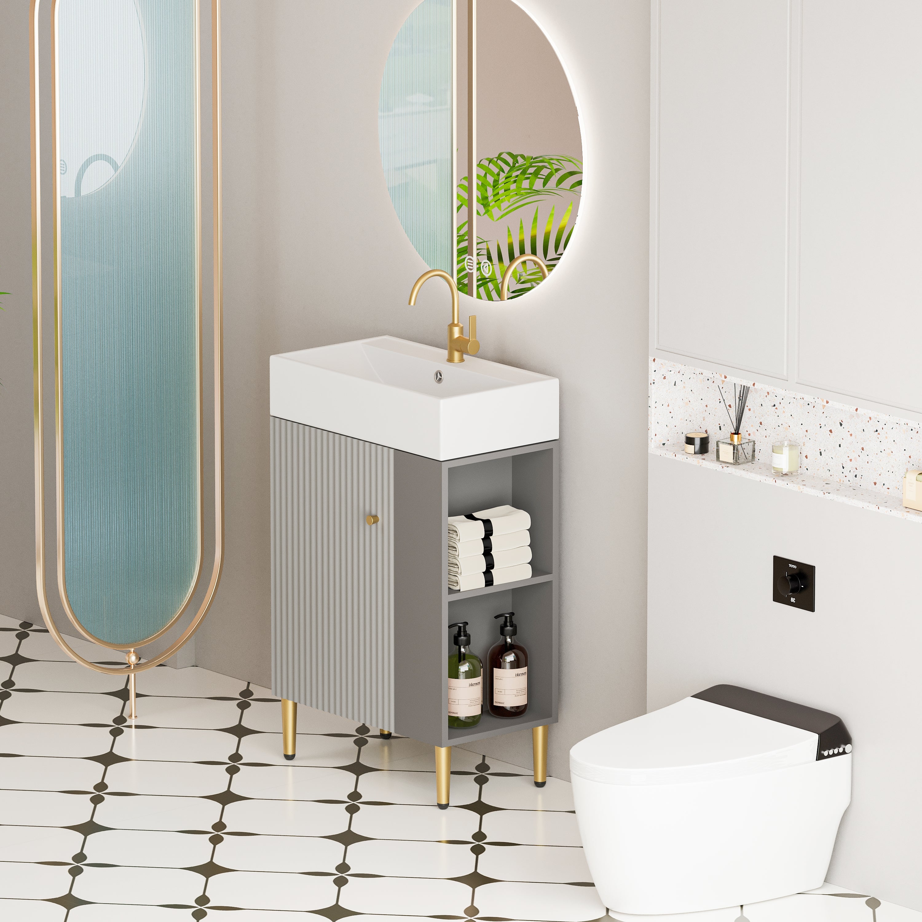 21.6" Gray Small Freestanding Vanity with Sink-Left Handed Open