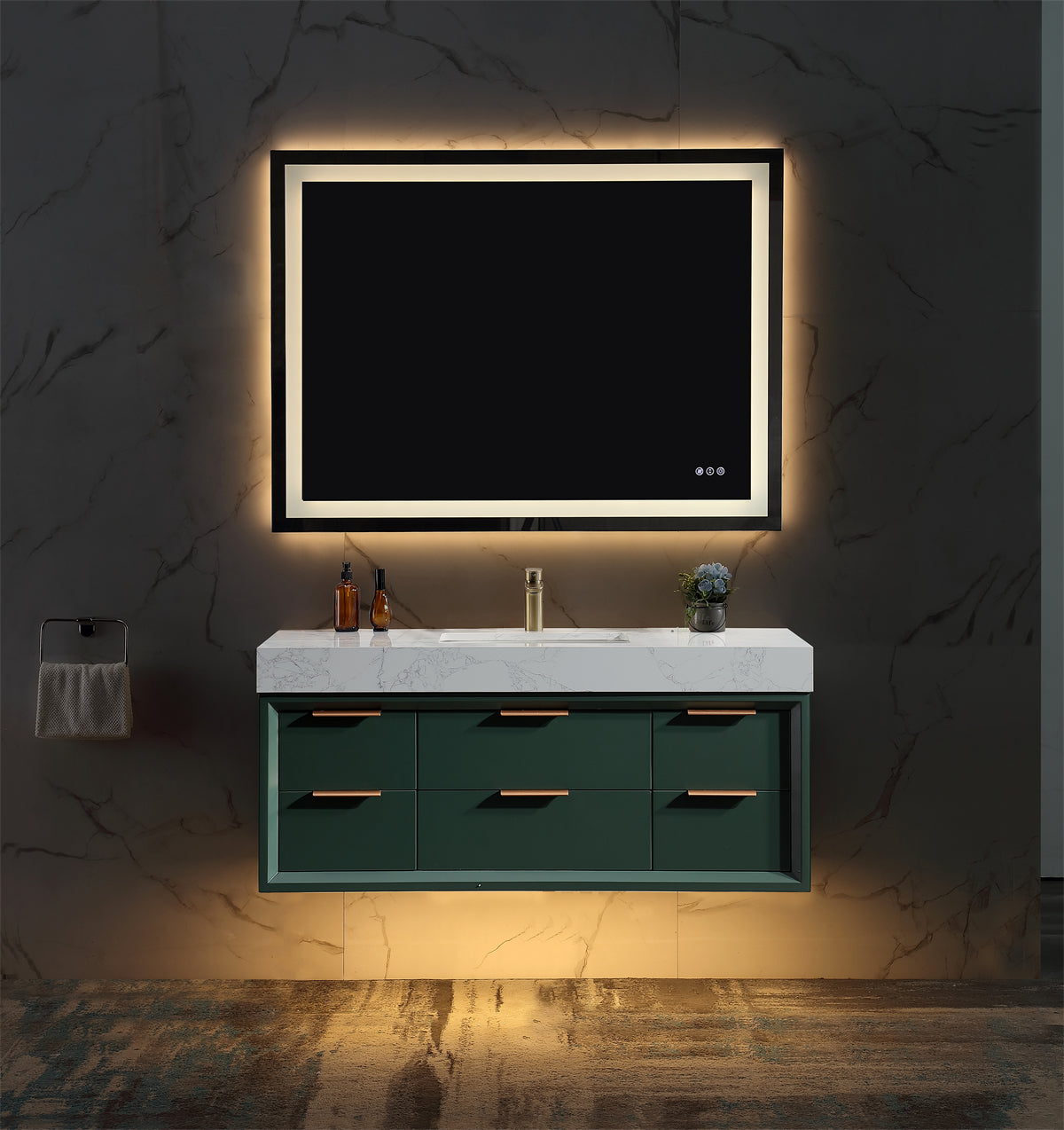 48" Floating Bathroom Vanity with Sink & Lights, Green Wall Mount Vanity Cabinet