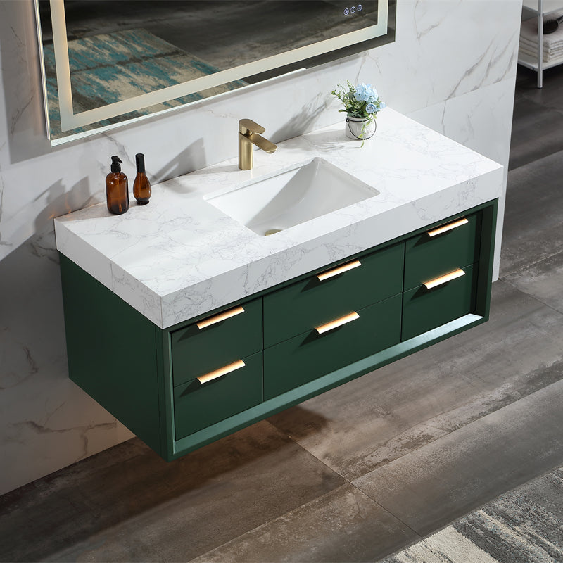 48" Floating Bathroom Vanity with Sink & Lights, Green Wall Mount Vanity Cabinet