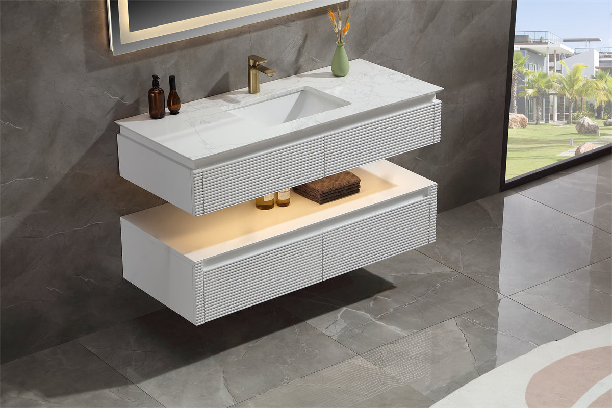 48 Inches White Floating Bathroom Vanity with One Sink, Wall Mounted Double Layer