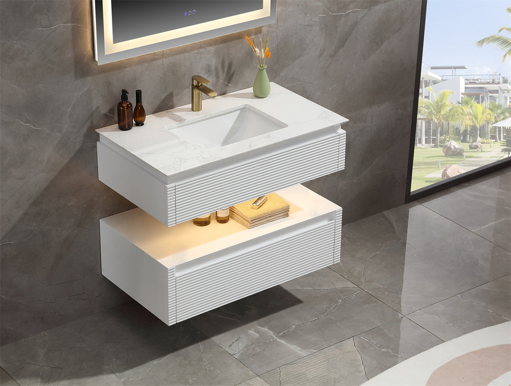 36 Inches White Floating Bathroom Vanity with One Sink, Wall Mounted Double Layer