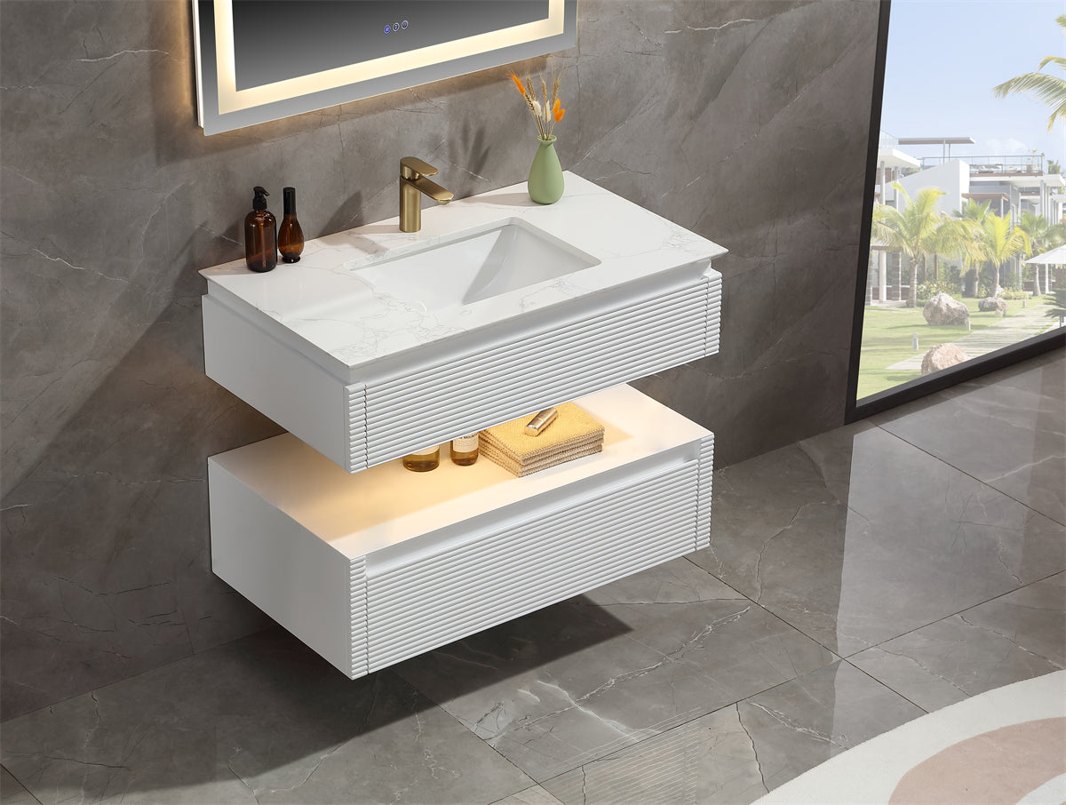 36 Inches White Floating Bathroom Vanity with One Sink, Wall Mounted Double Layer