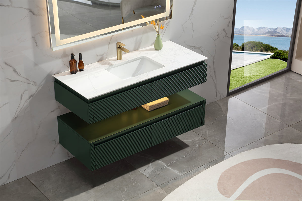 48 Inches Green Floating Bathroom Vanity with One Sink, Wall Mounted Double Layer