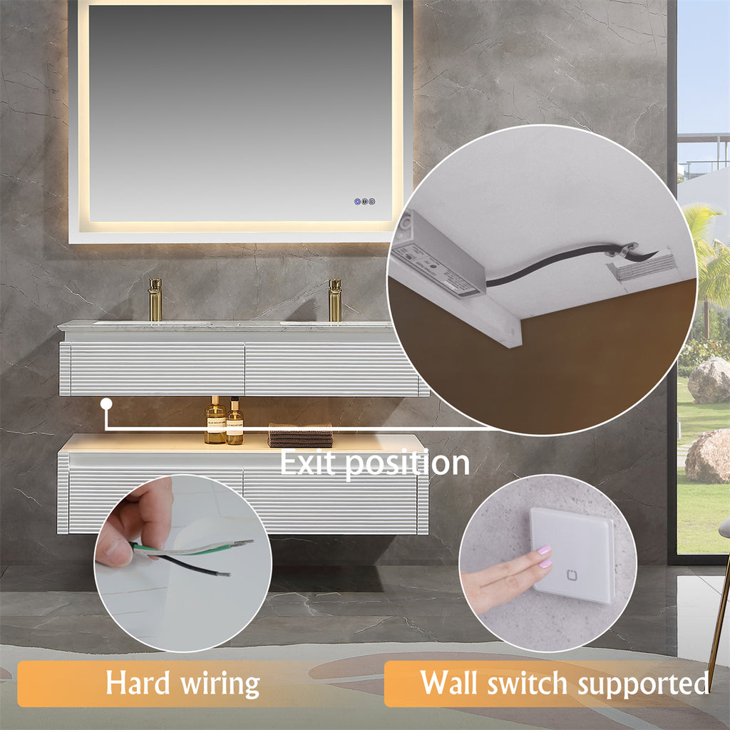 48 Inches White Floating Bathroom Vanity with Double Sinks, Wall Mounted Double Layer