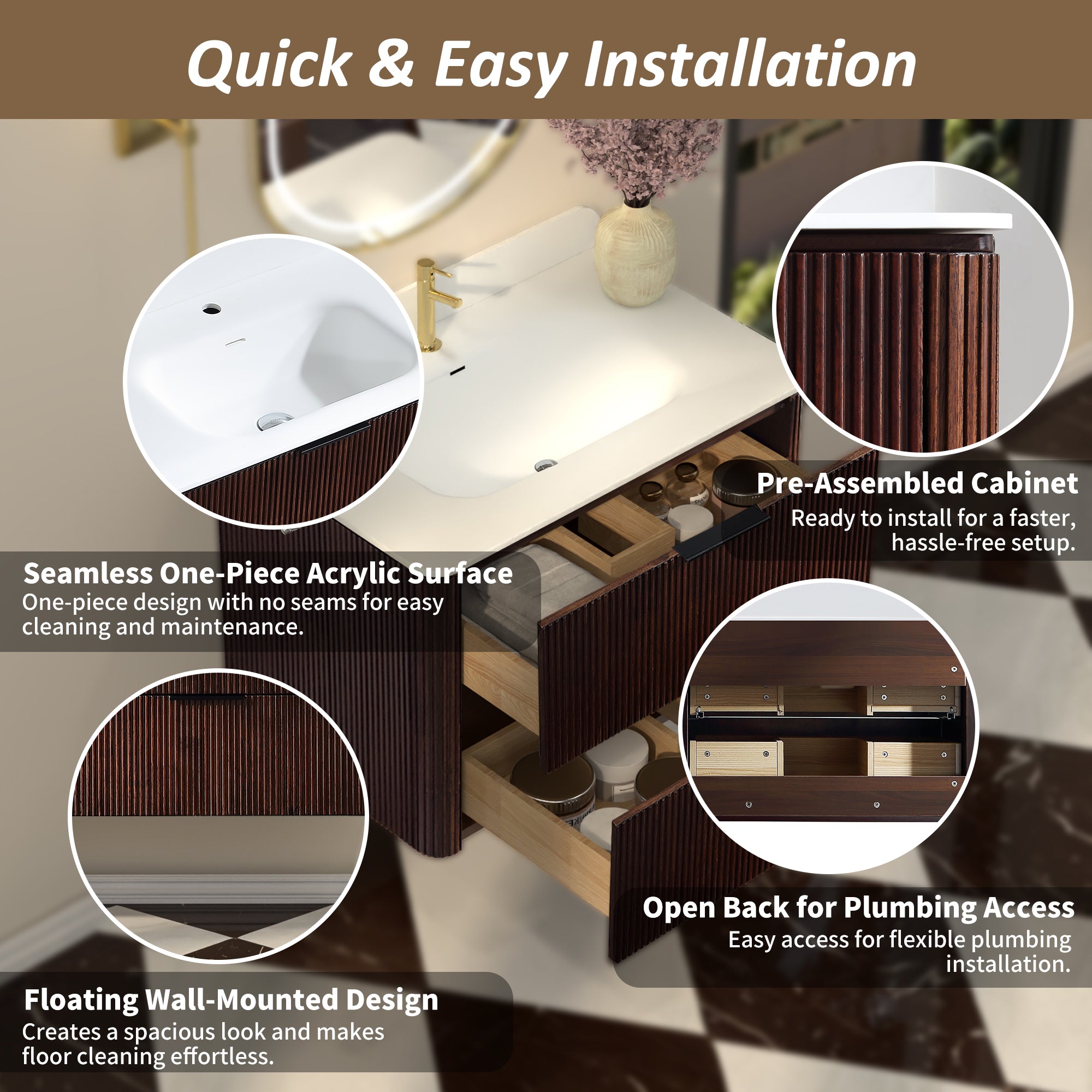 30-Inch Walnut Floating Bathroom Vanity with Sink