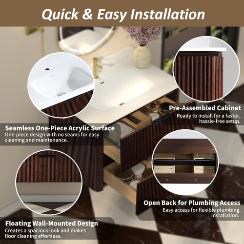 30-Inch Walnut Floating Bathroom Vanity with Sink