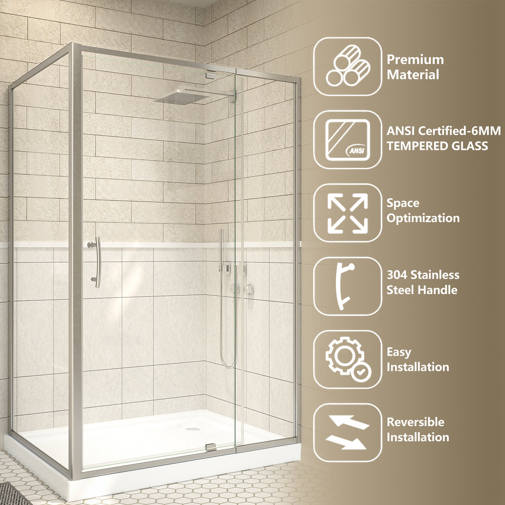 48"Wx35”Dx71“H Brushed Nickel Semi-Frameless Shower Enclosure,1/4" Tempered Glass