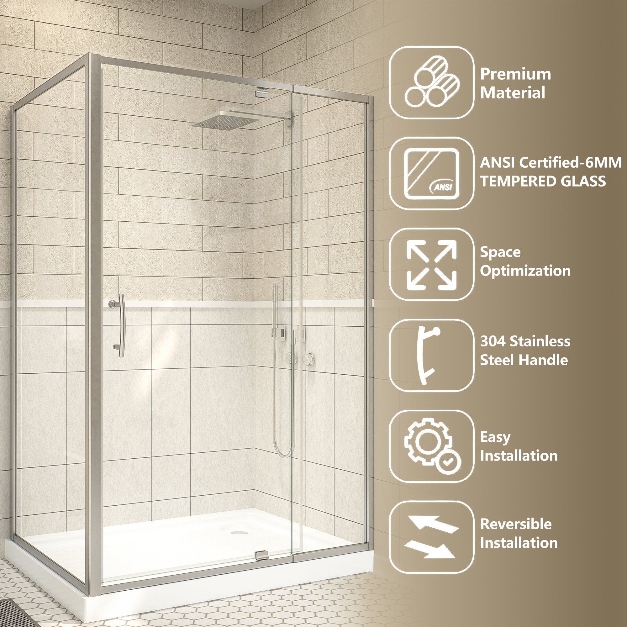 48"Wx35”Dx71“H Brushed Nickel Semi-Frameless Shower Enclosure,1/4" Tempered Glass