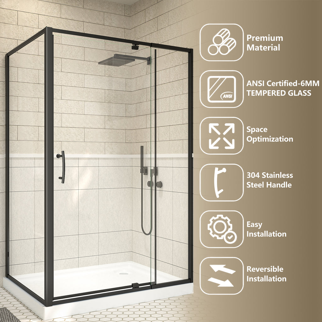 48"Wx35“Dx71”H Matte Black Semi-Frameless Shower Enclosure,1/4" Tempered Glass