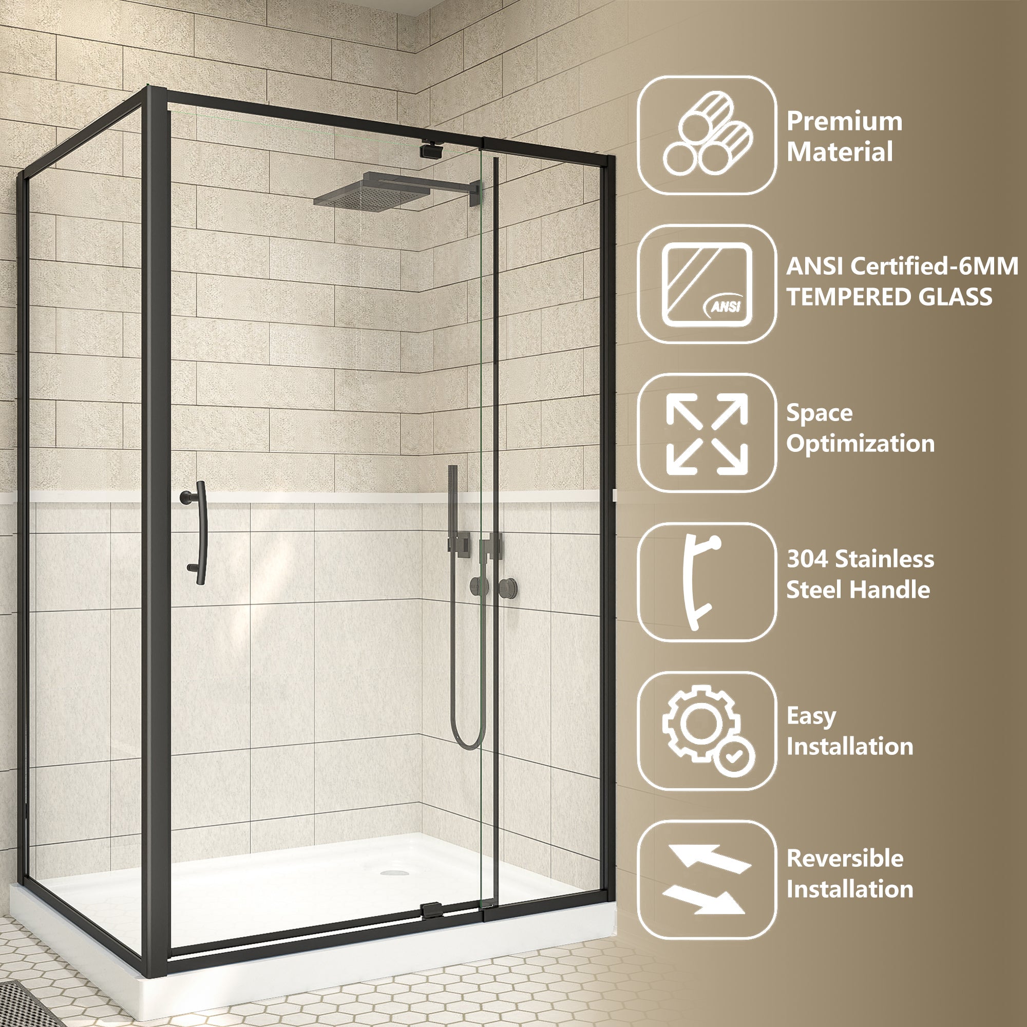 48"Wx35“Dx71”H Matte Black Semi-Frameless Shower Enclosure,1/4" Tempered Glass