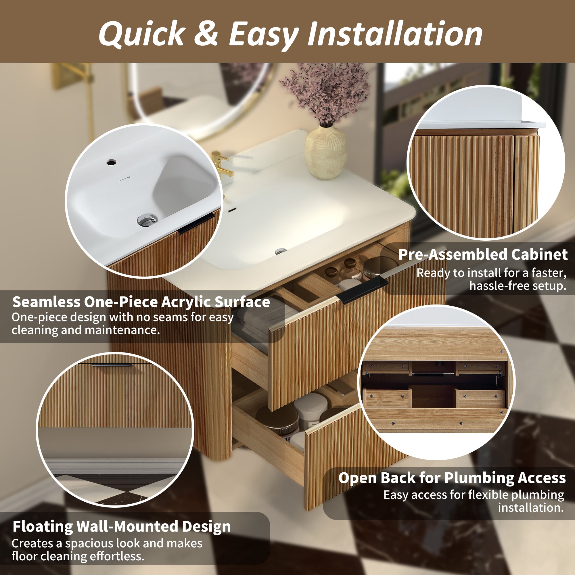 30-Inch Oak Floating Bathroom Vanity with Sink