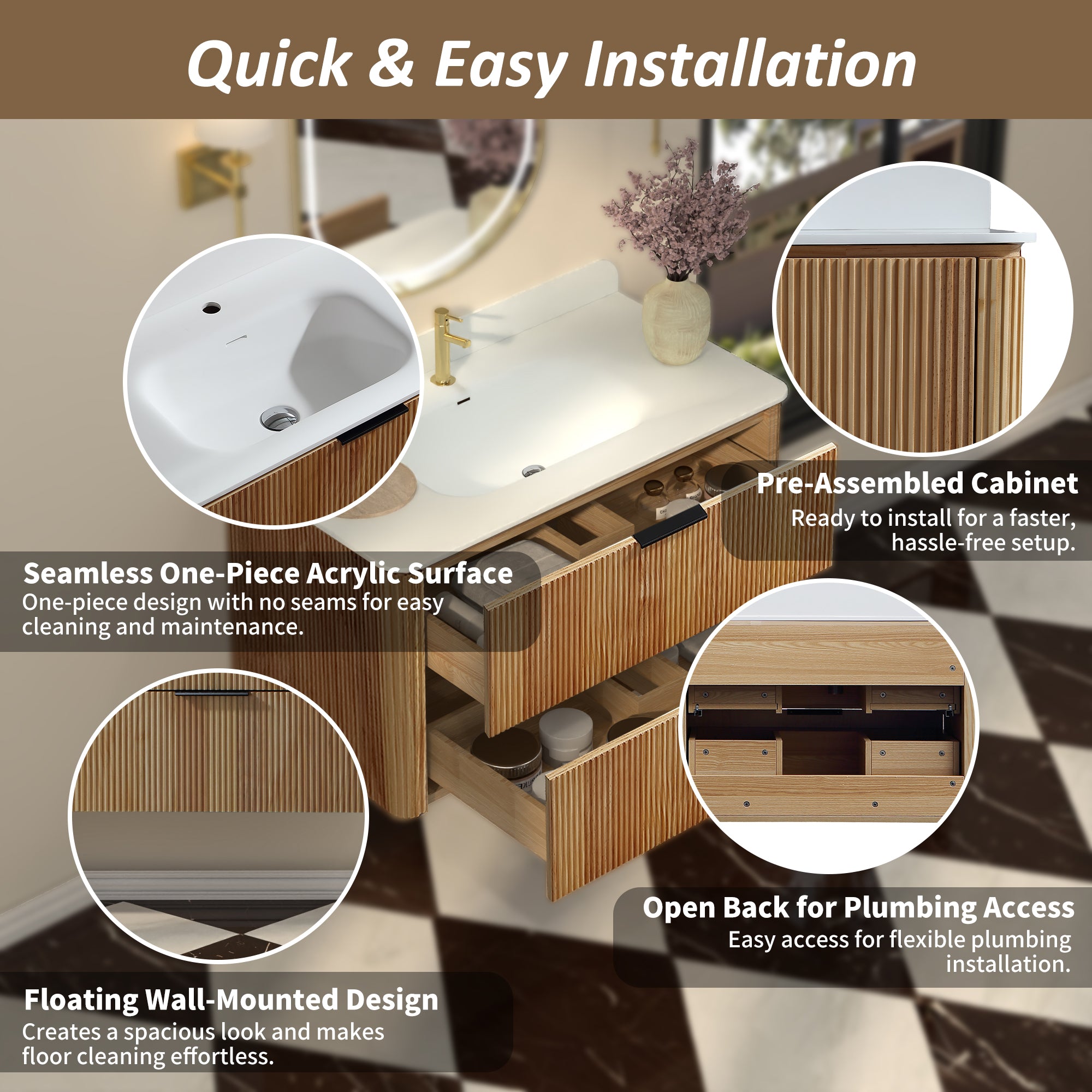 36-Inch Oak Floating Bathroom Vanity with Sink