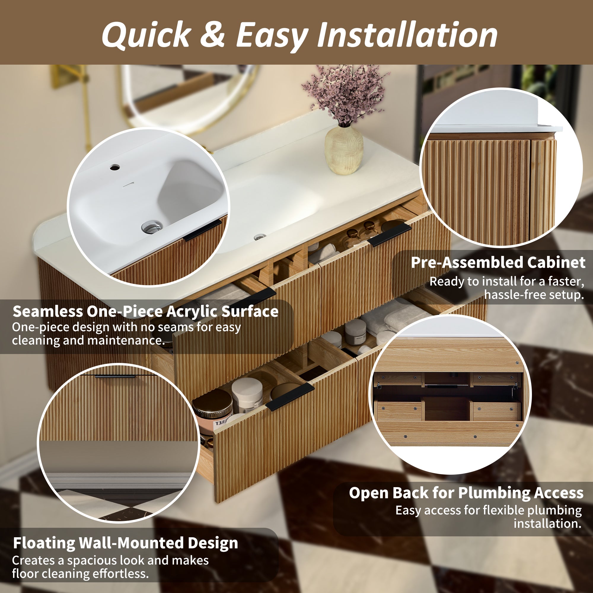 48-Inch Oak Floating Bathroom Vanity with Sink