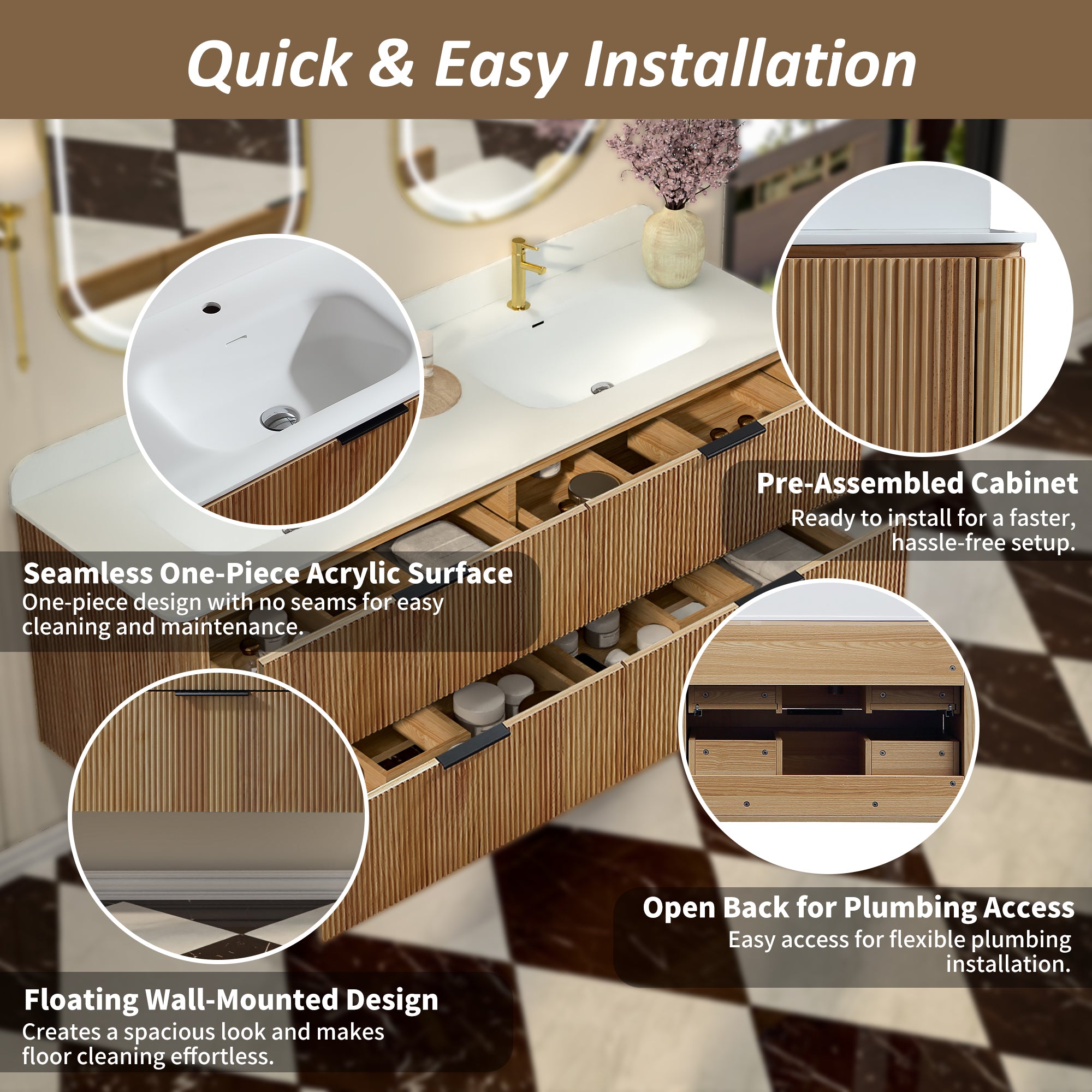 60-Inch Oak Floating Bathroom Vanity with Sink