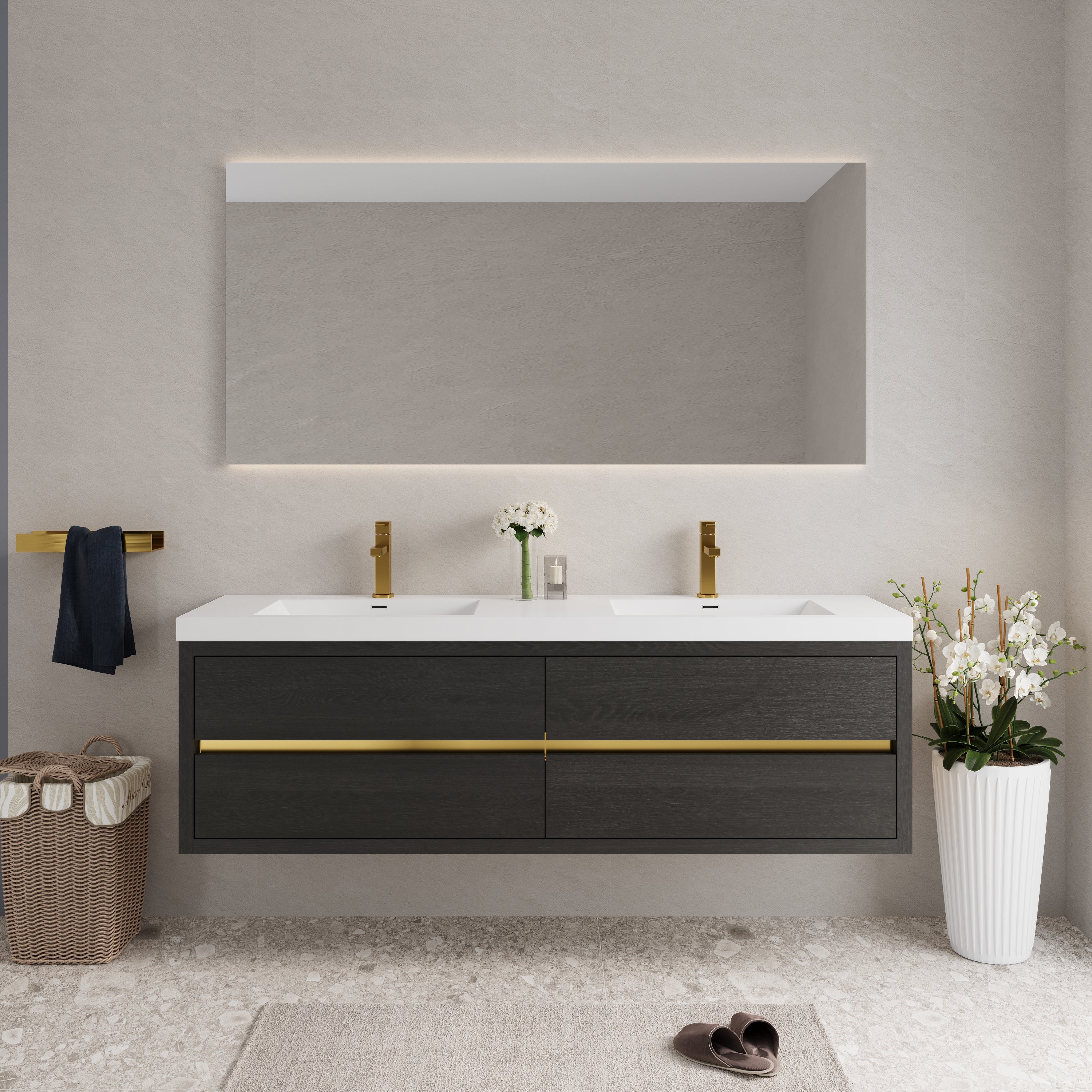 72 Inch Black Espresso Wood Floating Vanity with Double Sinks