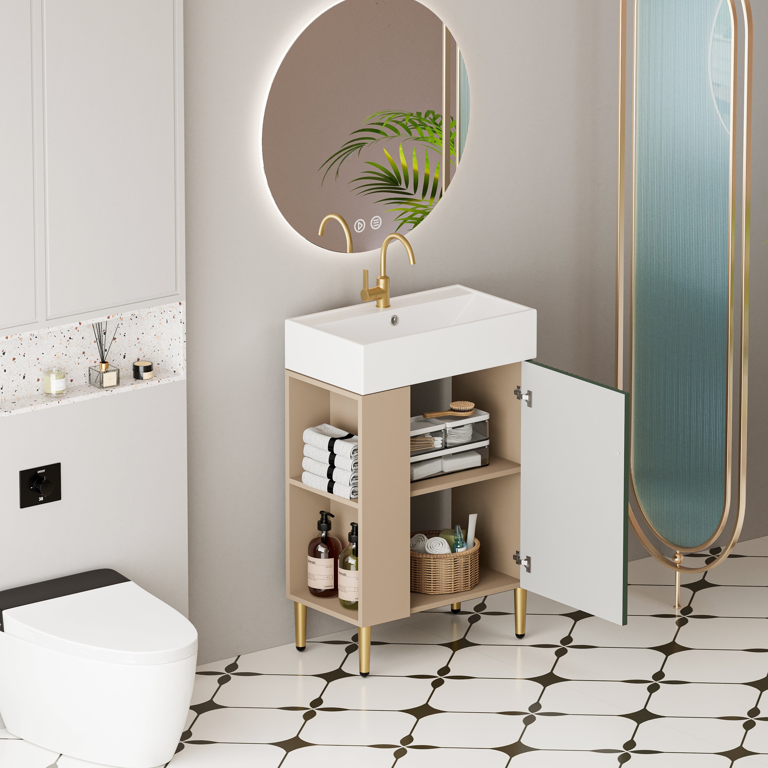 21.6" Green Small Freestanding Vanity with Sink-RIght Handed Open