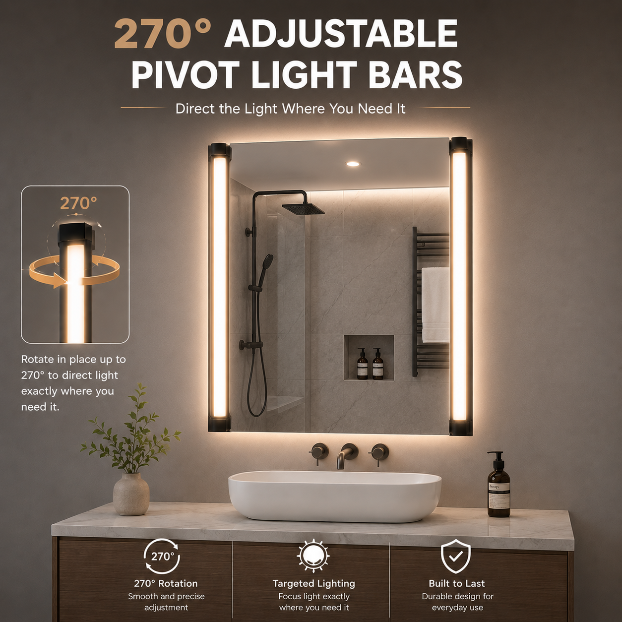 24"Wx32"H LED Vanity Mirror, 270° Rotatable LED Arms