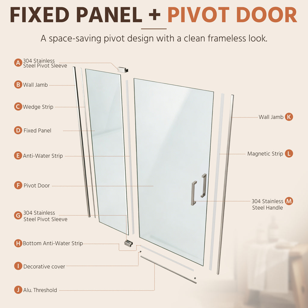 36"Wx70"H Frameless Pivot Shower Door, Brushed Nickel