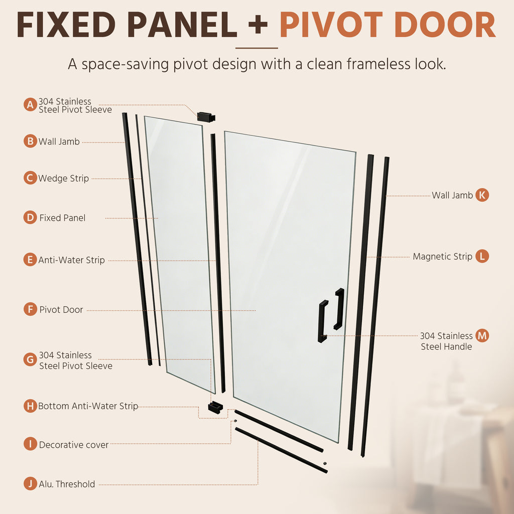 36"Wx70"H Frameless Pivot Shower Door, Matte Black
