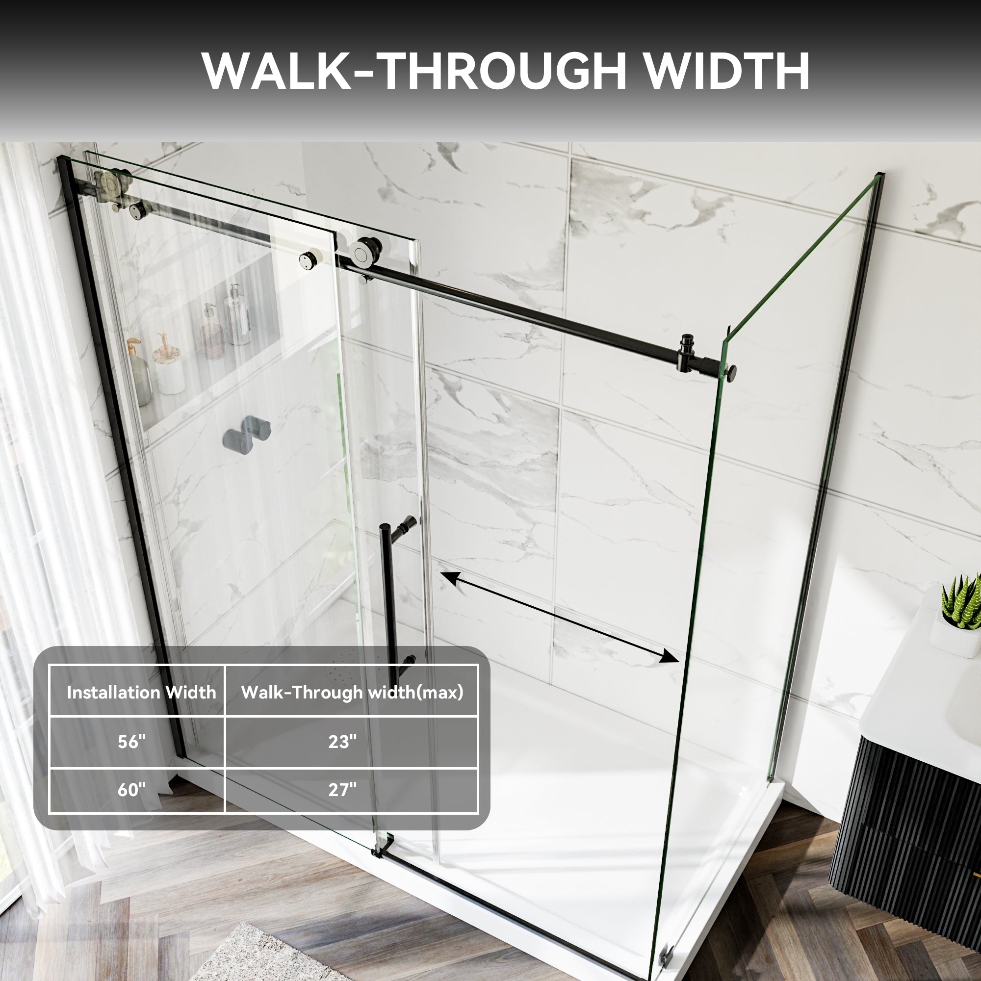 56-60"W x 32"D x 72"H Black Frameless Shower Enclosure