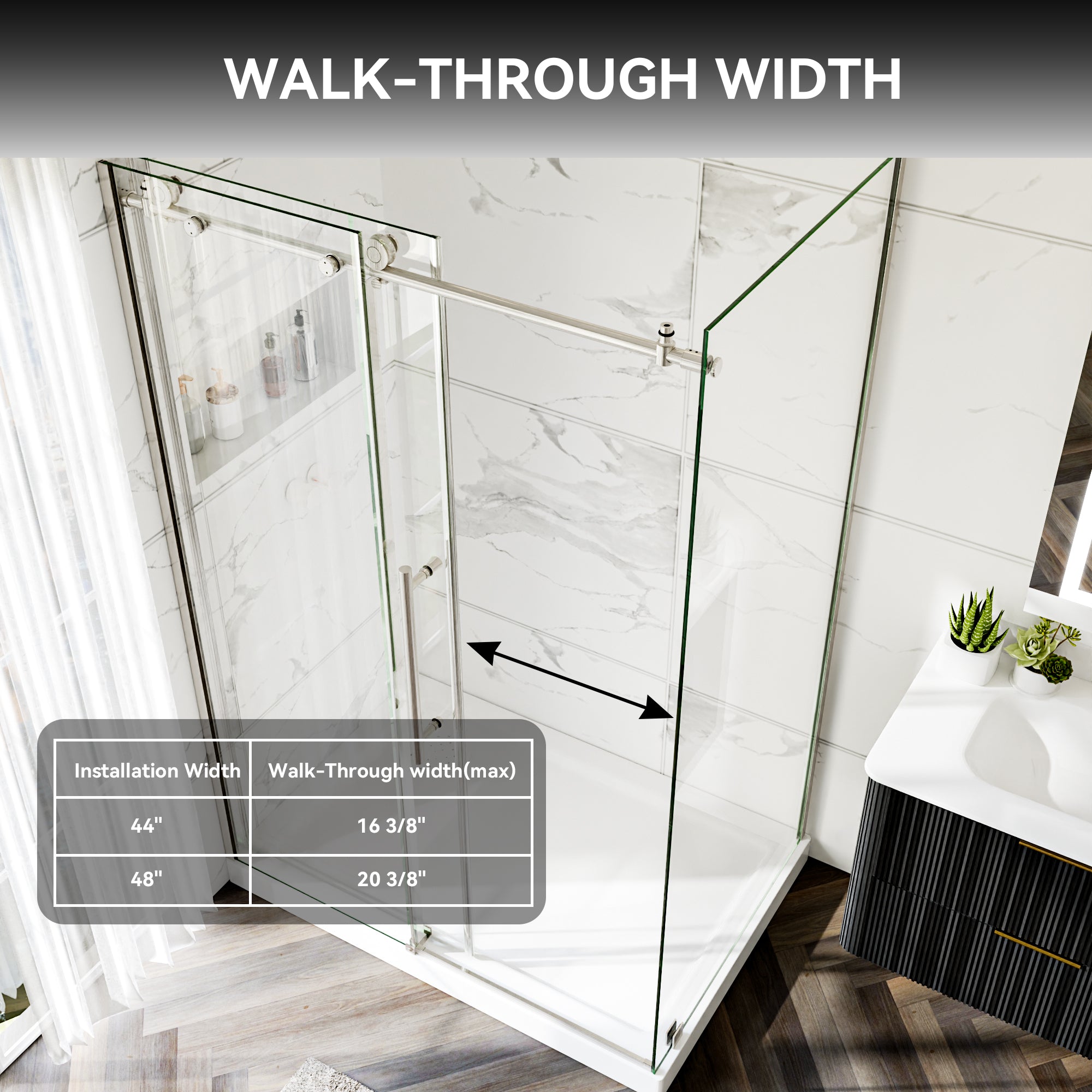 44-48"W x 36"D x 72"H Nickel Frameless Shower Enclosure