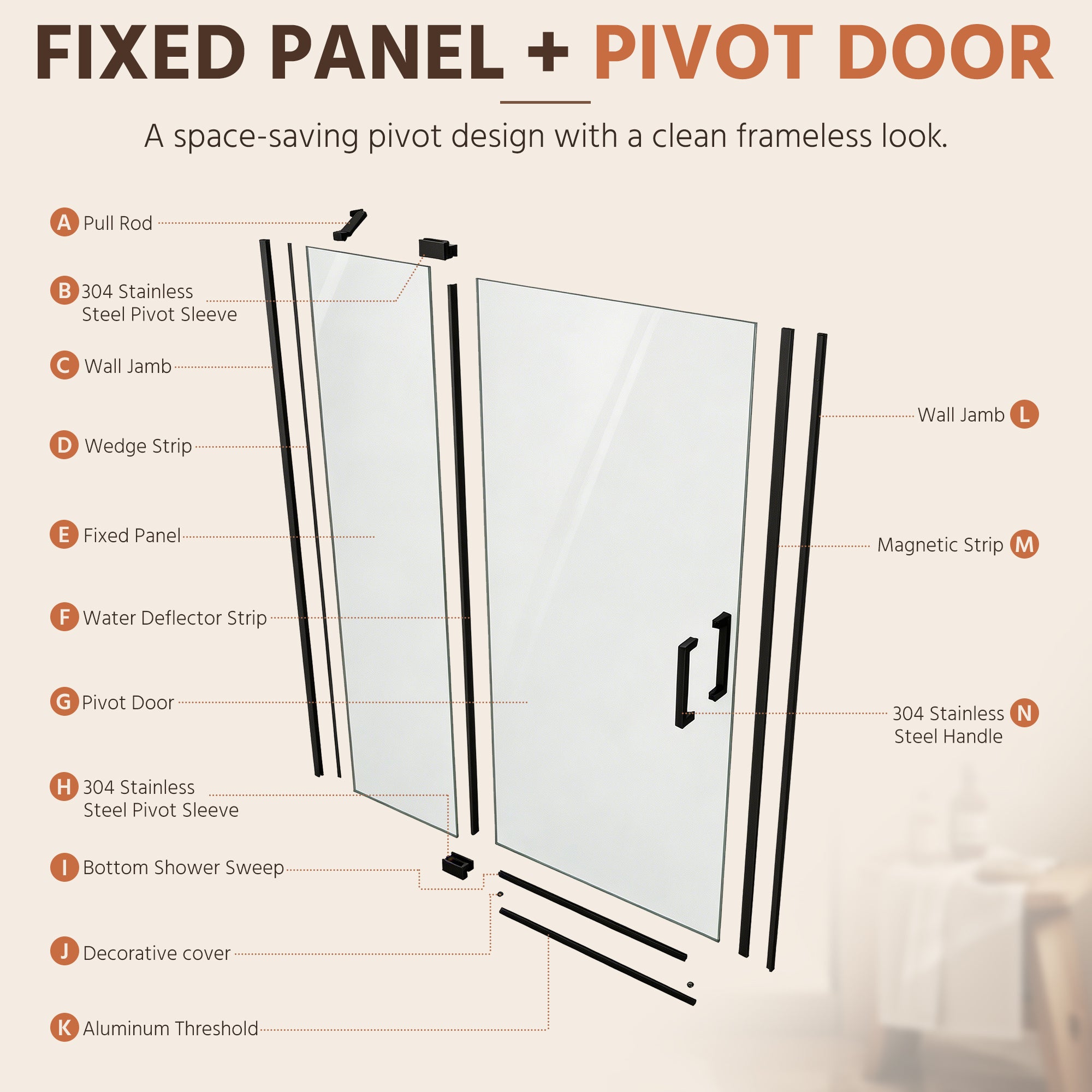 48"Wx70"H Frameless Pivot Shower Door, Matte Black