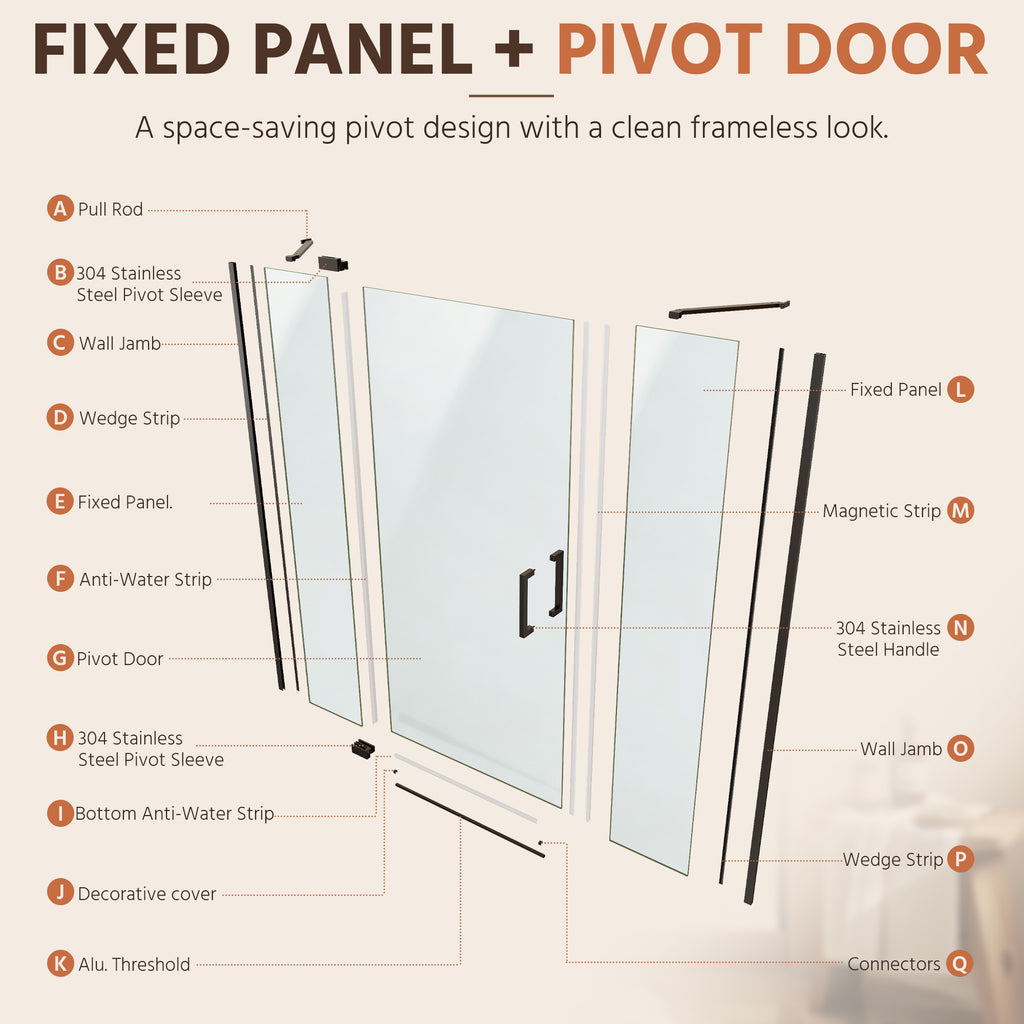 60"Wx70"H Frameless Pivot Shower Door, Matte Black