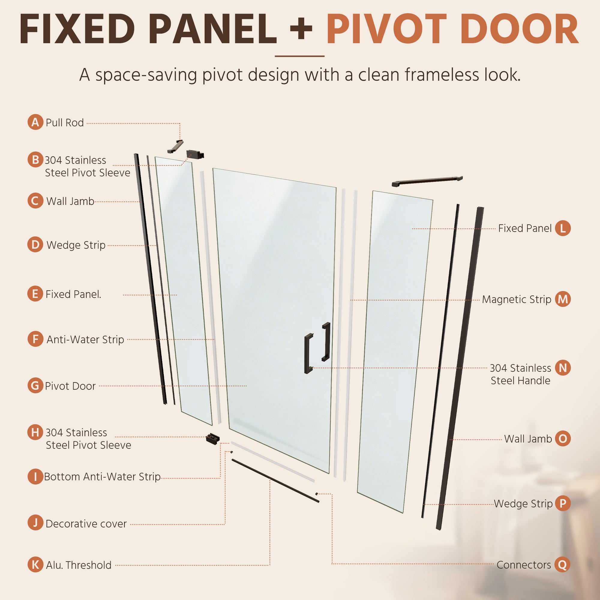 60"Wx70"H Frameless Pivot Shower Door, Matte Black