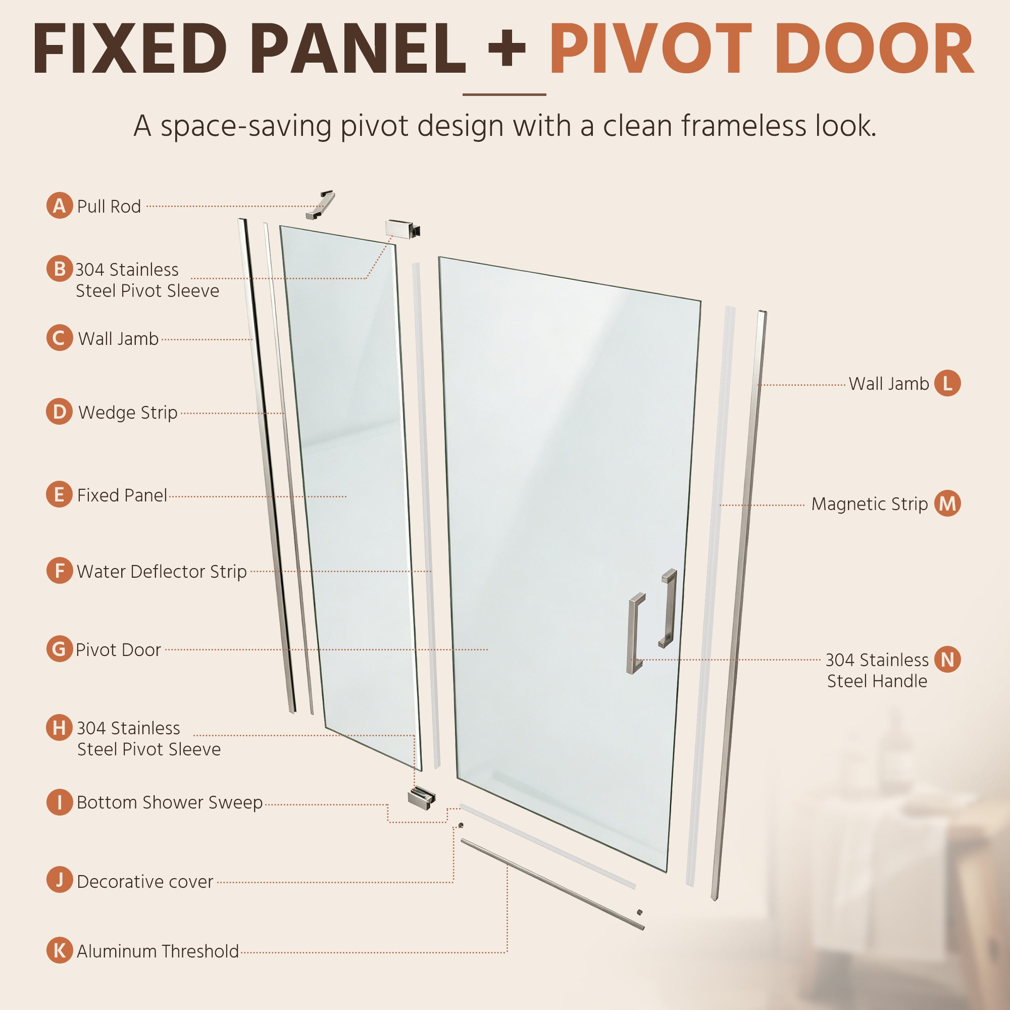 48"Wx70"H Frameless Pivot Shower Door, Brushed Nickel
