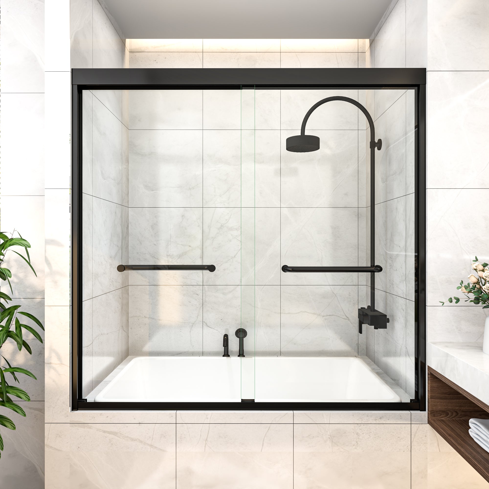 58-60"W x 58"H Bypass Black Shower Door for Bathtub