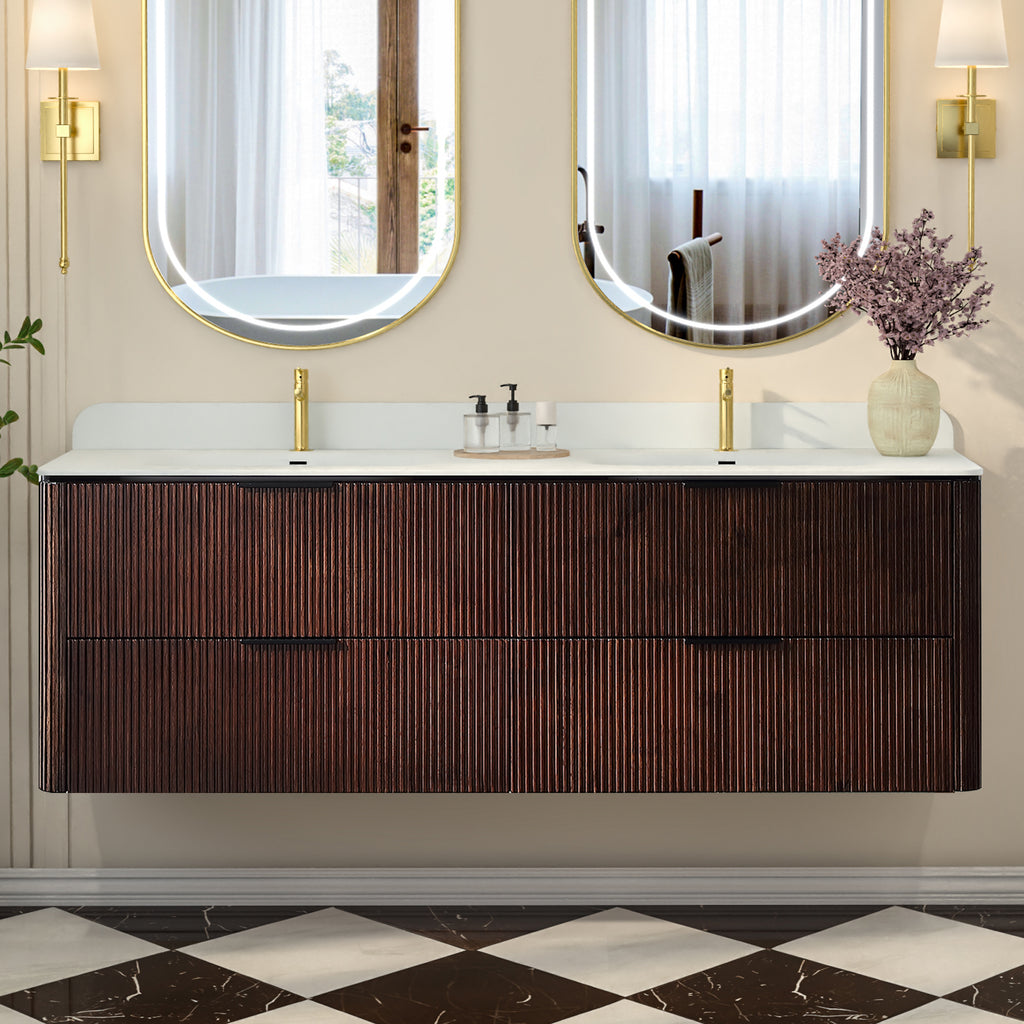 60-Inch Walnut Floating Bathroom Vanity with Double Sinks