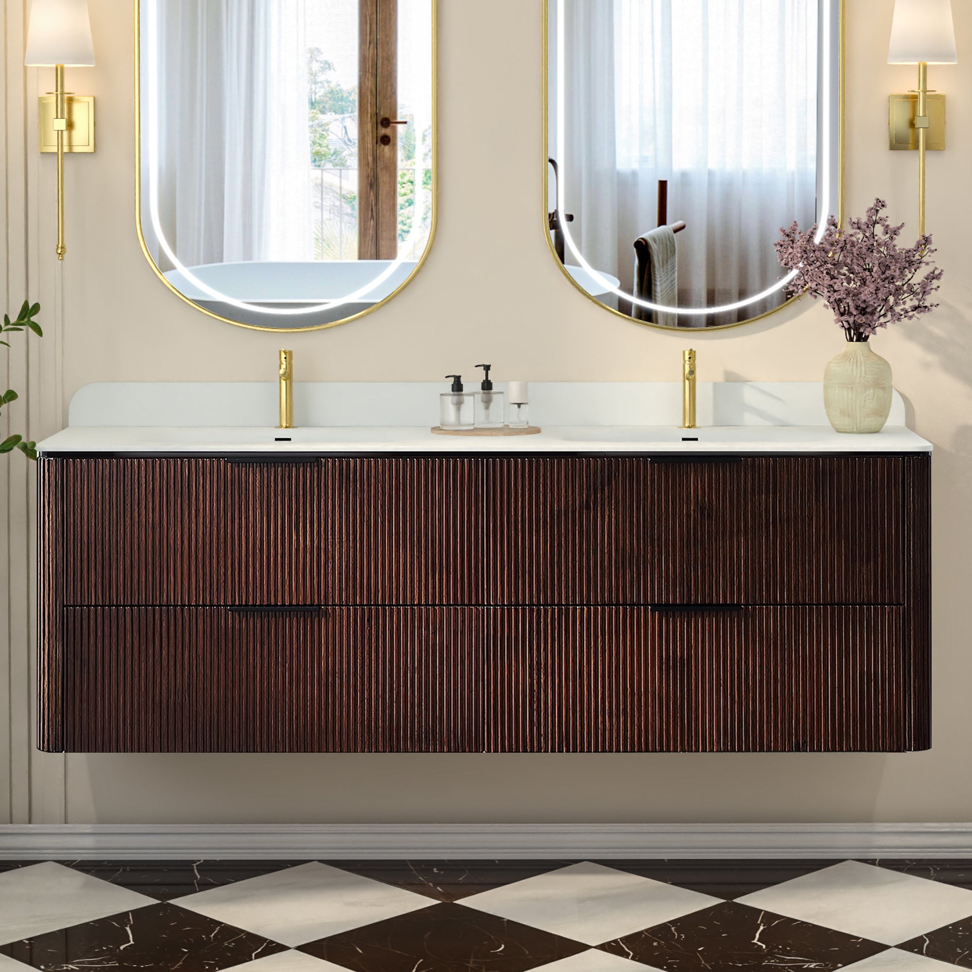 60-Inch Walnut Floating Bathroom Vanity with Double Sinks