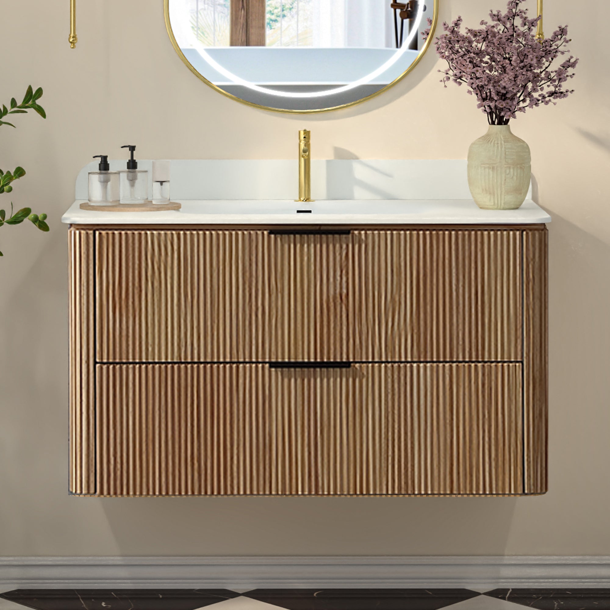 36-Inch Oak Floating Bathroom Vanity with Sink